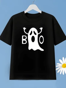 Camiseta negra de manga corta divertida para niño con estampado gráfico de fantasmas y BOO,cómoda camiseta de cuello redondo de algodón para atuendos casuales de verano. - Negro - Ver 1