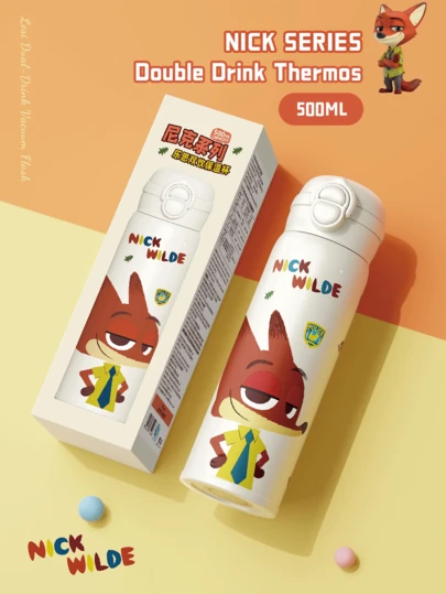 NICK WILDE Double Drink  Flask 500ml, Double Lid Design, One-Click Quick Open, Anti-Leak, SUS316 Stainless Steel Inner Liner, High-Quality Material, Cute Cartoon Design, with Portable Strap - Keep Warm/Cold for Daily, Outdoor & Travel Use, Outdoor & Travel Use