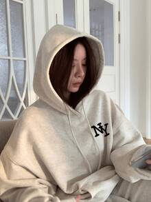 女士灰色花卉图案连帽卫衣，休闲美式宽松慵懒风卫衣，秋季字母印花连帽外套 - 花灰色 - 查看 3