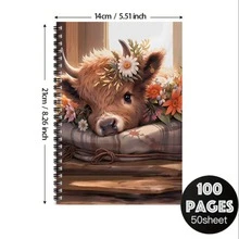 Cuaderno de espiral con vaca de las tierras altas de estilo Kawaii, 80 hojas | Diario estético con diseño floral de primavera y margaritas | Cuaderno lindo para mujeres y amantes de las vacas | Kit de scrapbooking con pegatinas y suministros de manualidades | Ideas de regalo para ella