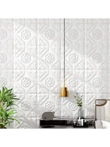 20/50/100pcs 3D Floral Ceiling Tiles - Self-Adhesive Waterproof Wall Stickers, 13.78x13.78 Inches, Anti-Collision Decor For Bathroom & Bedroom, Elegant White Design With Golden Chandelier Hole, Decorative Ceiling Stickers | Elegant Wall Stickers | Selfadhesive Tiles, Bathroom Wall Stickers