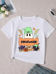 Camiseta infantil con estampado de fantasmas y dulces de Halloween. Diseño lindo y espeluznante para niños. - Blanco - Ver 1