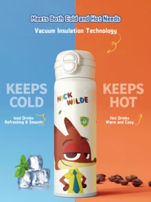 NICK WILDE Double Drink  Flask 500ml, Double Lid Design, One-Click Quick Open, Anti-Leak, SUS316 Stainless Steel Inner Liner, High-Quality Material, Cute Cartoon Design, with Portable Strap - Keep Warm/Cold for Daily, Outdoor & Travel Use, Outdoor & Travel Use