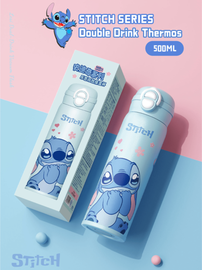 Termo doble STITCH de 500 ml con tapa doble, apertura rápida con un solo clic, antifugas, revestimiento interior de acero inoxidable SUS316, material de alta calidad, diseño de dibujos animados, con correa portátil. Mantiene el calor o el frío para uso diario, al aire libre y en viajes.