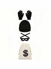 4pcs/Set Burglar Costume Kit - Canvas Bag, Gloves, Eye Mask, Hat, Thief Prisoner Cosplay Outfit, Unisex, Suitable For All Seasons, Halloween