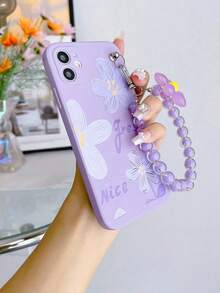 1pc Purple TPU Floral Pattern Shockproof Full Coverage Phone Case And 1pc Purple Flower & Pearl Beaded Phone Lanyard Strap, Compatible With IPhone 17/17Pro/17ProMax/17Air/16/16Pro/16ProMax/16Plus/15/15Pro/15ProMax/15Plus/14/13/12/11 And Galaxy S25/S25Plus/S25Ultra