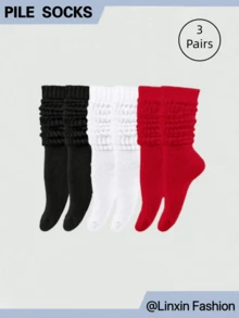 1/3双装女士袜子，秋冬混色，黑、白、红三色可选，可直穿或折叠穿，日常穿搭必备，男女皆宜，简约百搭，亲肤柔软，透气舒适，加厚保暖长袜 - 彩色 - 查看 7