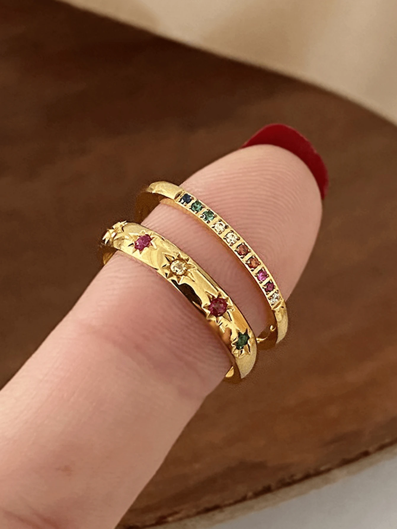 2pcs/Set Minimalist Style Colorful Zirconia Rhinestone Star Thin Rings