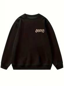 女式黑色圆领运动衫，休闲宽松字母和心形印花套头衫，秋季休闲风 - 黑色 - 查看 6