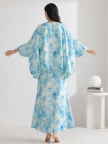 Vestido musulmán elegante para mujer, conjunto de atuendo para mujer musulmana, conjunto de vestido de frente abierto, vestido teñido, traje estampado, blusa de manga larga tipo murciélago