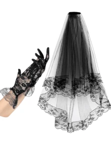 Velo de novia negro con flores de encaje, velo de disfraz de Halloween con peine, guantes cortos para fiesta de boda y Halloween