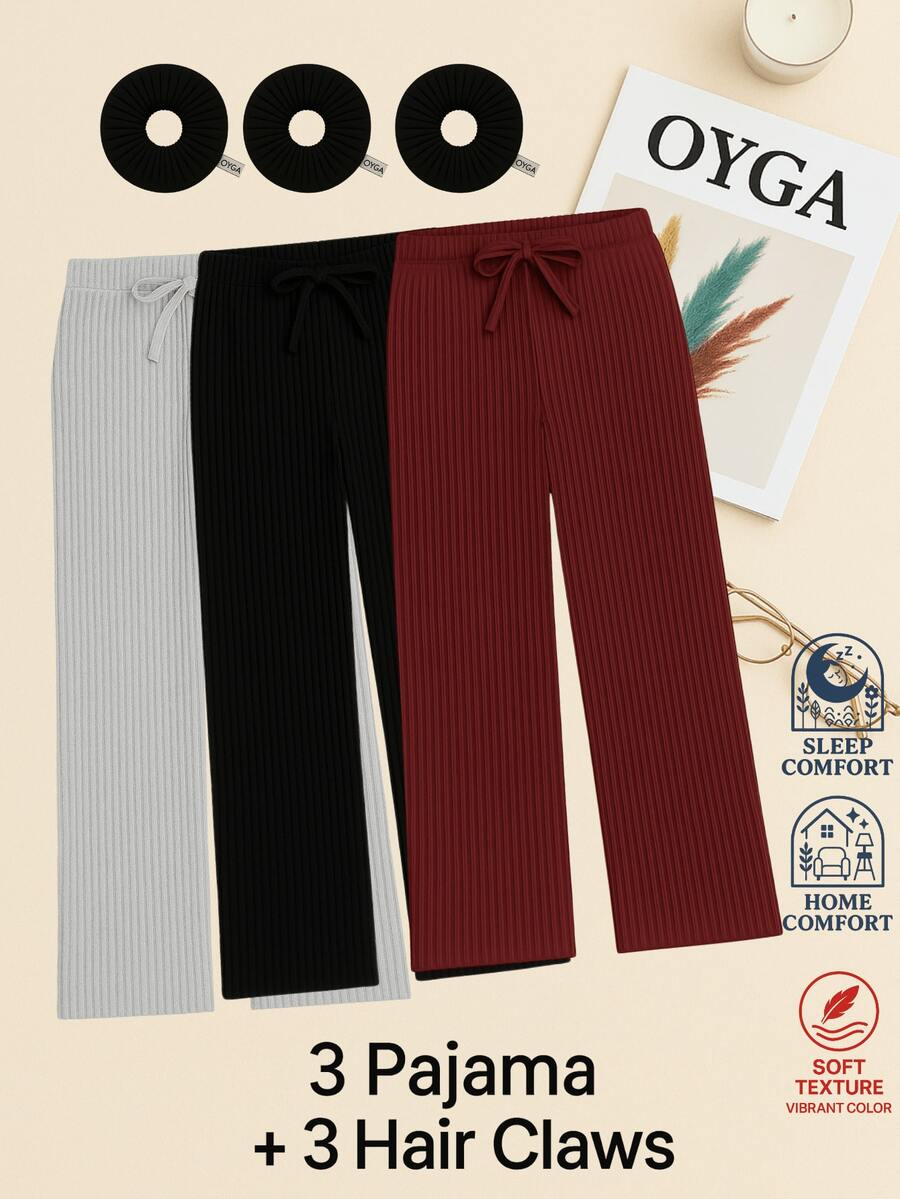 OYGA 黑色罗纹裤专为家居服系列设计舒适优雅的休闲裤 - 玫瑰紅 - 查看 1