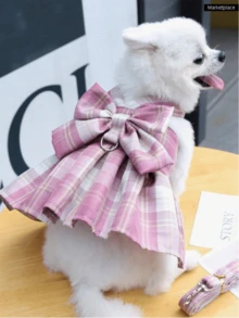 A Polyester JK Plaid Bow Decor Chest Strap Traction Rope Walking Dog Cat Dress, Teddy Party Clothes Christmas For Holiday Gift Giving For Walking Small Cats And Dogs Outdoors (The Product Is Relatively Small, It Is Recommended To Purchase 1-2 Sizes Larger)