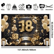 1 pieza Fondo de tela para fiesta de cumpleaños número 18, hecho de poliéster, con un diseño elegante de globos, cajas de regalo y estrellas en color negro y dorado. Es perfecto para decoración de interiores, decoración exterior, fiestas de cumpleaños y recuerdos fotográficos, y no requiere electricidad