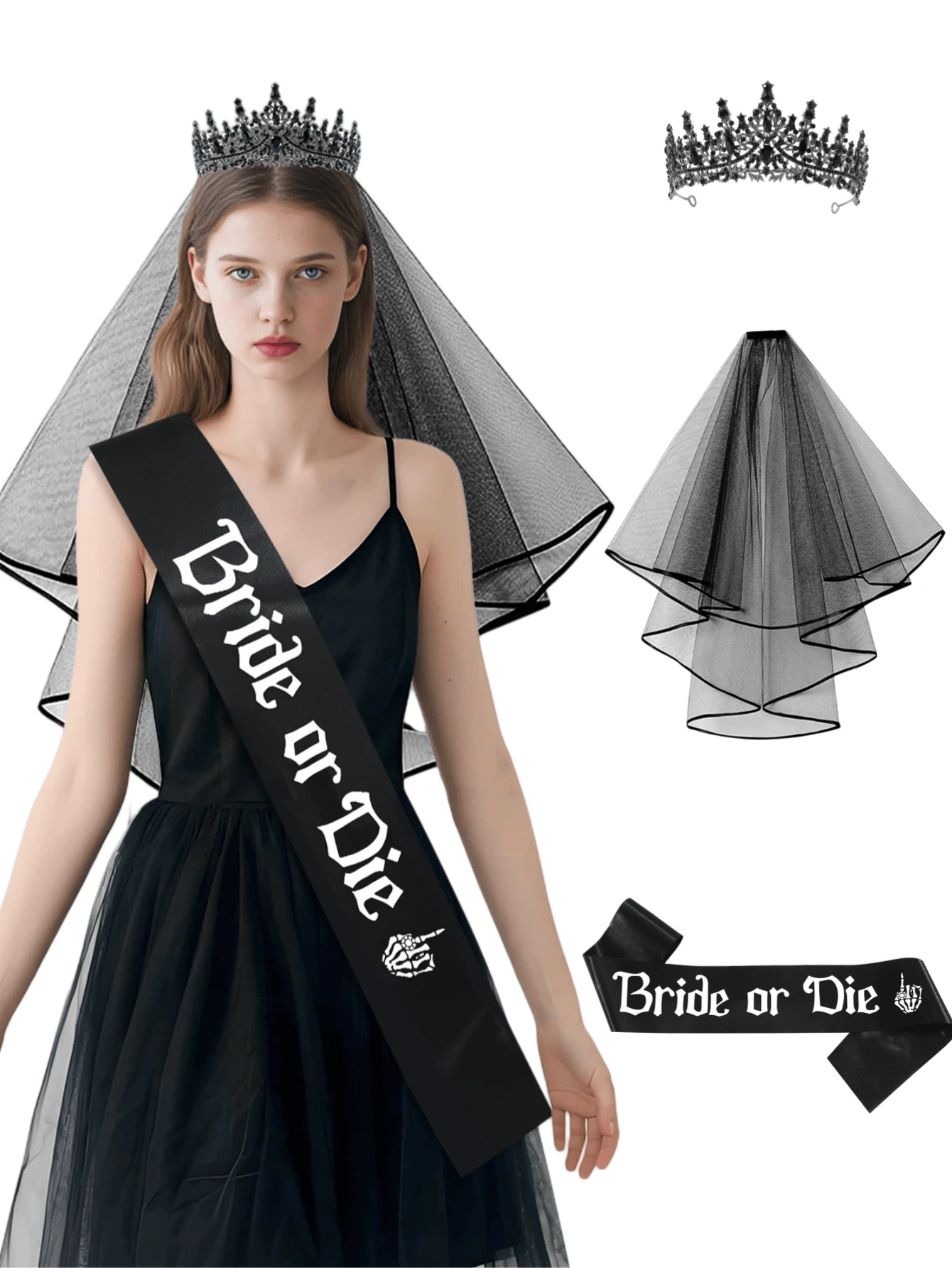 Corona negra y velos de novia con decoraciones para despedida de soltera, accesorios para el cabello de boda gótica para fiestas de Halloween