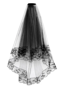 Velo de novia negro con flores de encaje, velo de disfraz de Halloween con peine, guantes cortos para fiesta de boda y Halloween