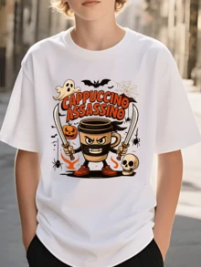 Camiseta informal de manga corta estampada para niño,con temática de Halloween divertida,con una taza de café de dibujos animados con espadas,fantasmas y murciélagos espeluznantes. - Blanco - Ver 1