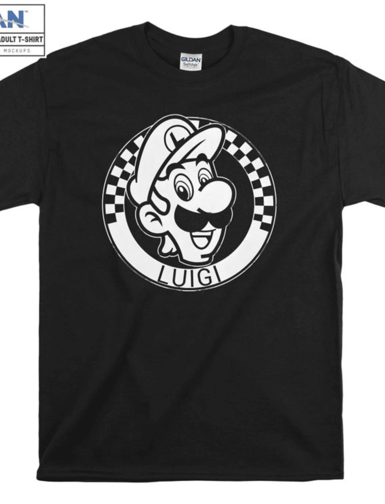 Er  Checkerboard T-Shirt Hoody Kid Child Tote Bag Hirt,Retro Gaming Badge Theme Luigi Checkered Logo Print Crew Neck T-Shirt Sweatshirt Casual Wear Tops Plus Size Clothes Business Casual Y2k Design Details Short Sleeve Sleek Style Relaxed Garment Style Suitable For All Seasons Machine Washable For Gamer Outings And Daily Wear - 黑色 - 查看 1