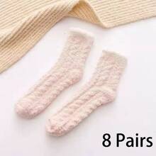8 Pairs Women's Winter Thermal Fleece Socks - Soft Plush Coral Fleece, Ribbed Cuff & Embellished Details, Pastel Colors, Machine Washable Cozy Indoor/Outdoor Winter Socks, Fluffy Socks, Comfortable Clothing, Ribbed Sock Design, Soft Texture - Multicolor - View 10