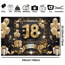 1 pieza Fondo de tela para fiesta de cumpleaños número 18, hecho de poliéster, con un diseño elegante de globos, cajas de regalo y estrellas en color negro y dorado. Es perfecto para decoración de interiores, decoración exterior, fiestas de cumpleaños y recuerdos fotográficos, y no requiere electricidad