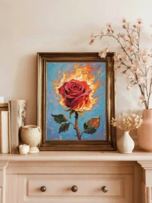 Pintura de aceite de rosa en llamas - Arte de pared abstracto y colorido de una flor, obra de arte moderna y romántica para sala de estar, dormitorio, oficina, regalo de decoración del hogar, pegatinas de pared, decoración de habitación, decoración de pared, pegatinas de pared, decoración de dormitorio, decoración de cocina