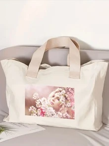 Bolso de mano plegable de gran capacidad personalizado, adecuado para viajes, compras, regalos, Halloween, Día del Maestro, escuela, trabajo, bolso de mujer, bolso de hombro, bolso de unicolor - Beis - Ver 5