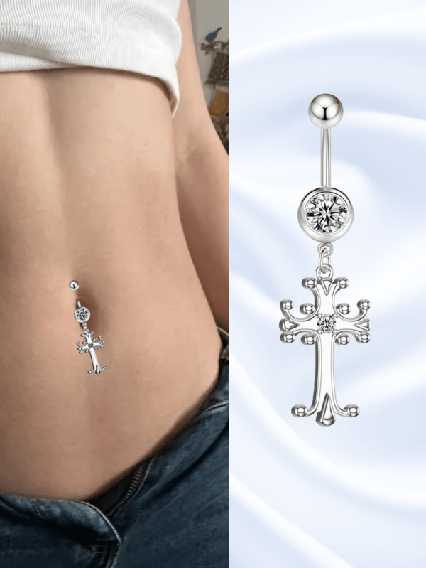 1pc Fashionable Sexy Personalized Cross Pendant Stainless Steel Navel Ring, Minimalist Versatile Jewelry, Couples, Influencers, Nightclub Party, Valentine's Day, New Year Gift, Daily Wear Belly Piercing