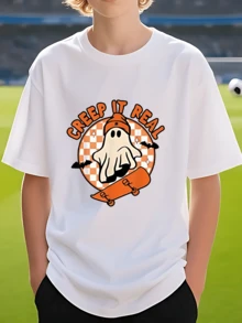 Camiseta de skate fantasma negra para niño,camiseta gráfica de Halloween linda y espeluznante para niños. - Blanco - Ver 1