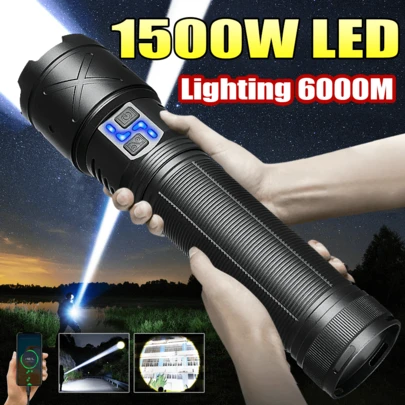 1 Đèn pin LED mạnh mẽ, đèn pin chiến thuật sạc lại được với pin tích hợp, 6 chế độ chiếu sáng, khoảng cách chiếu xa 6000m, đèn cầm tay siêu sáng ngoài trời, zoom điều chỉnh được, đèn pin an toàn thích hợp cho cắm trại, câu cá, leo núi, săn bắn, phiêu lưu, cứu hộ, leo núi, trường hợp khẩn cấp, công việc và các dịp khác.