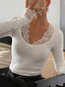 Women's Ribbed Lace Patchwork Bowknot Slim Fit Long Sleeve Top T-Shirt, Autumn/Winter