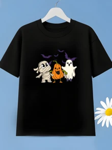 Cómoda camiseta negra de manga corta con estampado espeluznante de momia,calabaza y fantasma,además de gráficos de murciélagos voladores para uso informal. - Negro - Ver 1
