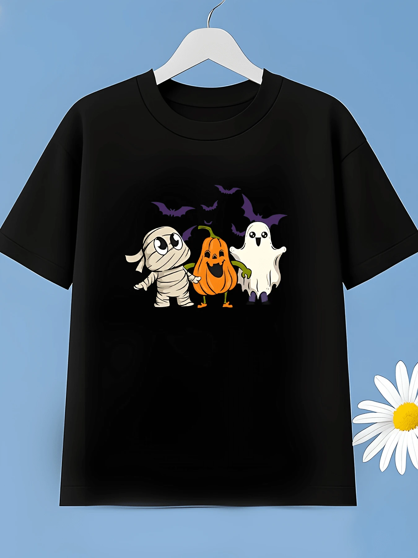 Cómoda camiseta negra de manga corta con estampado espeluznante de momia,calabaza y fantasma,además de gráficos de murciélagos voladores para uso informal. - Negro - Ver 1