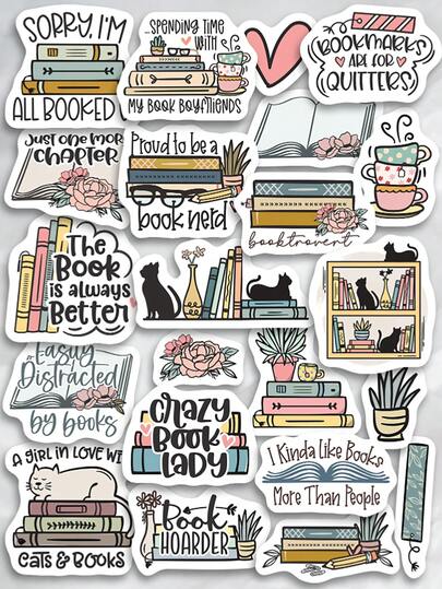 Back To School 2 Sets Of 22 Designs Cartoon Book Cat Book Hoarder Stationery Assorted Stickers Cute Book Lover Bookworms Reading Girl Quote Teacher Stickers,School Supplies,Scrapbook Supplies,Halloween/Christmas Stickers,