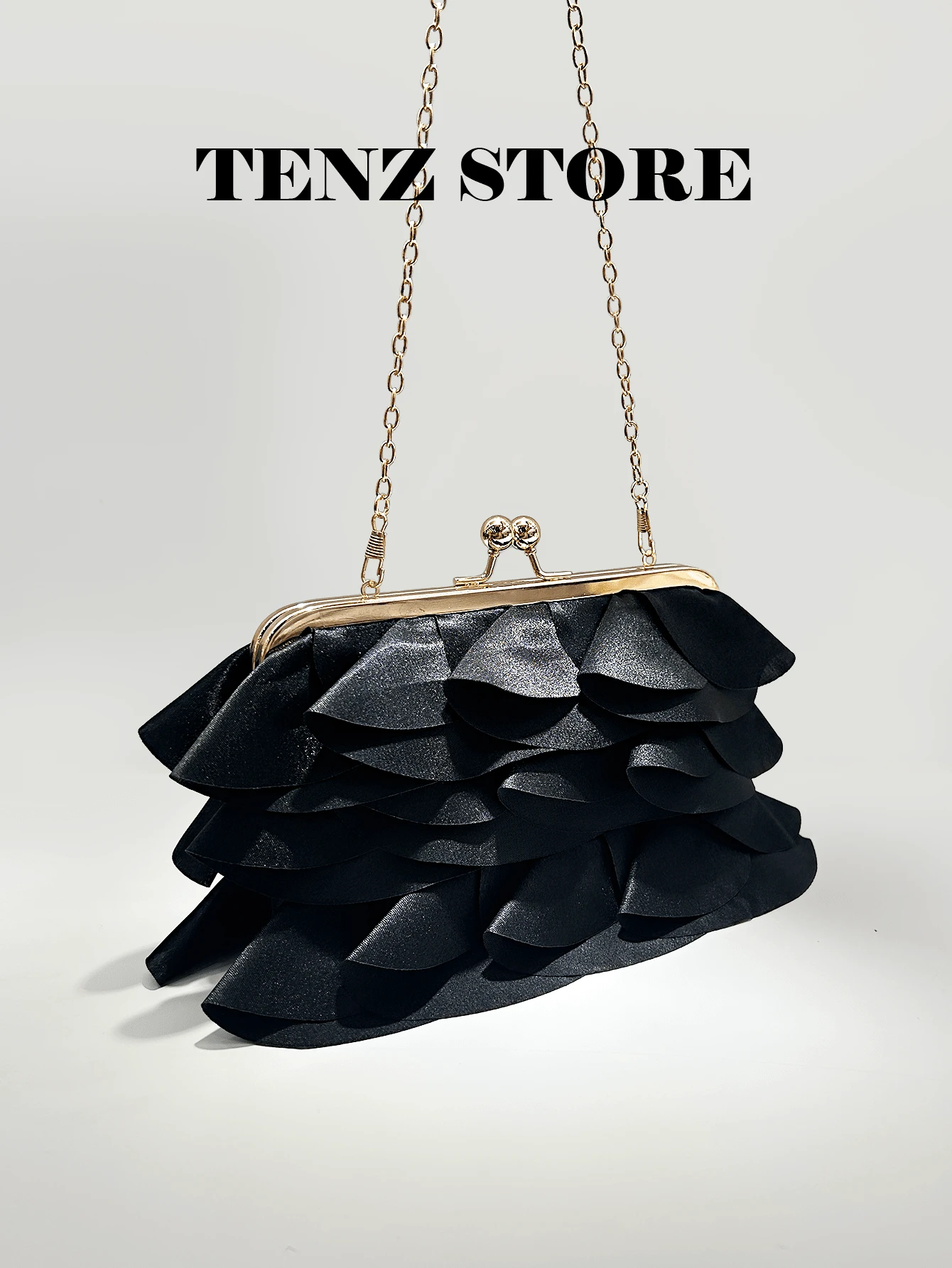 Bolso de mano de noche elegante negro con diseño de pétalos para mujer, bolso ligero con diseño de volantes en capas y correa de cadena, bolso floral perfecto para la temporada de bodas, dama de honor, cóctel, baile de graduación y eventos formales