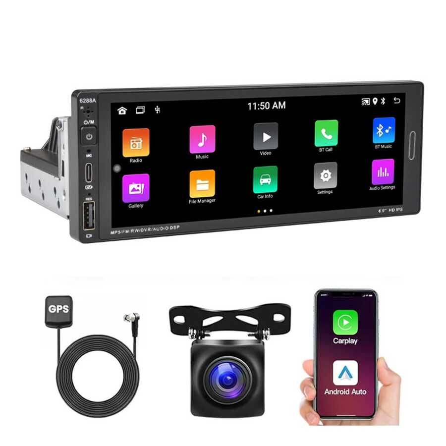 Autoestéreo 1 Din Pantalla Táctil 6.9'' Carplay Mirrorlink Bluetooth FM GPS WIFI Camara Control del volante - Negro - Ver 1