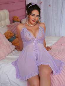 weiweihu Plus Size Ladies Solid Color Bow Lace Patchwork V-Neck High Slit Nightgown + Lace Thong ,Three-Piece Set Women Sexy Deep V, Lace Lotus Ladies Sexy Underwear Set, Bedroom Bathroom, Underwear Party Universal Sexy Underwear Set ,  Lingerie Set>Costume   Cosplay Lingerie  Red Pajama Set  Night Gown Women Halloween Costumes Plus Size  Plus Size Halloween Costume - Màu tím hoa cà - Xem 9