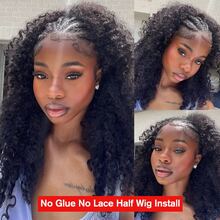 CEXXY Half Wig, 3-In-1 Curly Wigs For Women, 200% Density Glueless Curly Human Hair Wigs For Travel, Seamless Flip Headband Wig With Drawstring, Beginner-Friendly, Headband Wig With Curly Human Hair For Women, Glueless Wigs For Travel, Lace Front Wig, Wig Without Glue, Beginner-Friendly, Natural Color, Headband Wig For Daily Use - Natural Black - 查看 5