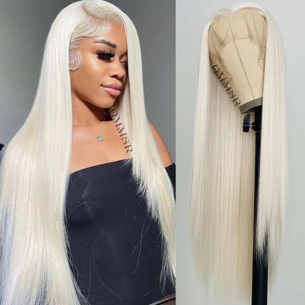 13X4 Spitzenfront Perücke lange gerade platinblonde synthetische Spitzenfront Perücken für Frauen mit vorgezeichneter natürlicher Haaransatz, hitzebeständige Kunstfaser Haar Perücke