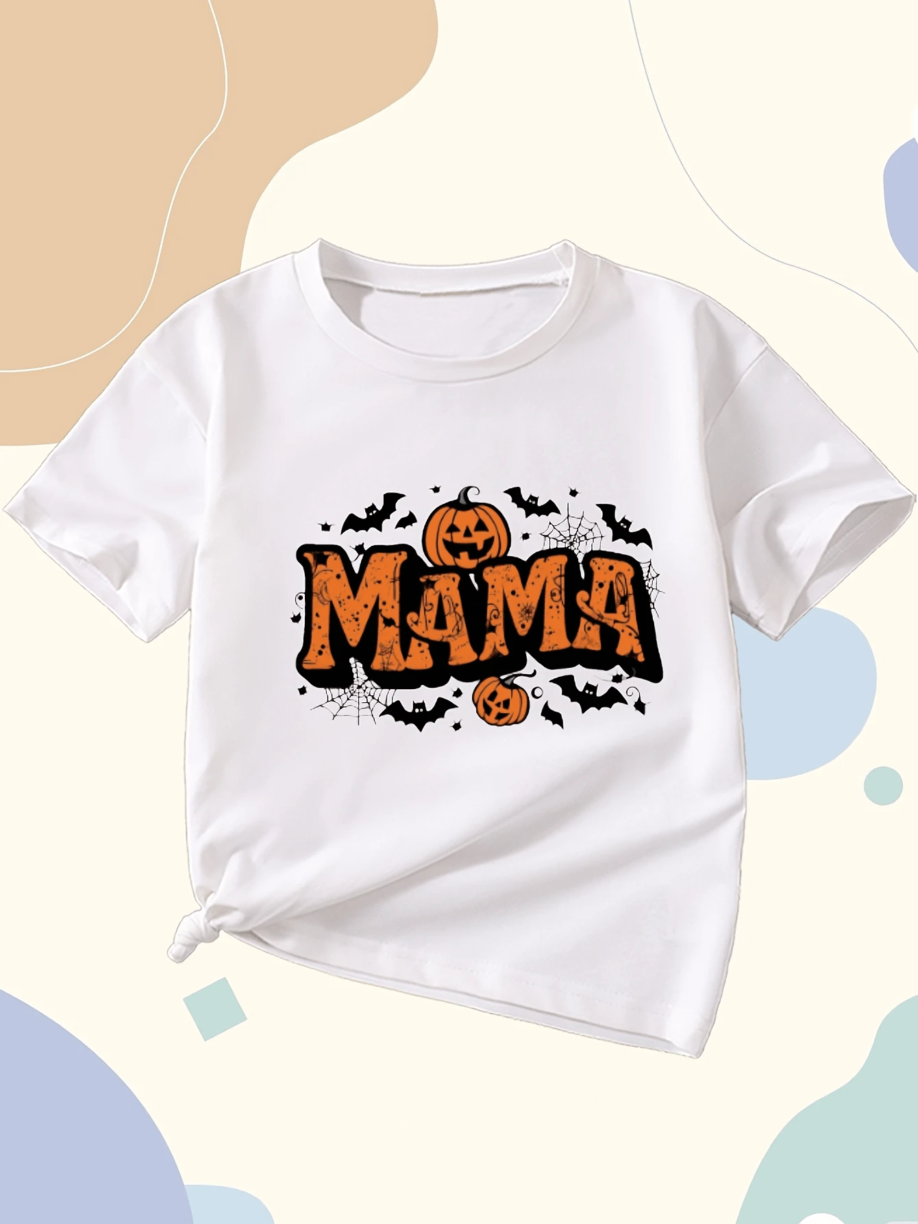 Camiseta de otoño para niño con la exclusiva inscripción "Mamá" y estampado gráfico de calabaza y murciélago,manga corta,informal - Blanco - Ver 1