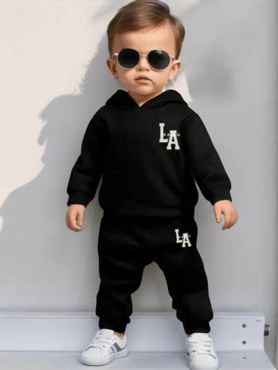 Conjunto de sudadera con capucha de forro polar y pantalones con estampado de letras divertido para niño pequeño, conjunto de moda casual para otoño e invierno