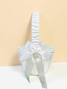 1 pieza/2 piezas Cesta de flores de boda de perlas falsas blancas - Cesta de flores con lazo blanco, Cesta de flores de satén, Adecuada para decoración de fiesta de boda, Regalos de Año Nuevo, Regalos decorativos
