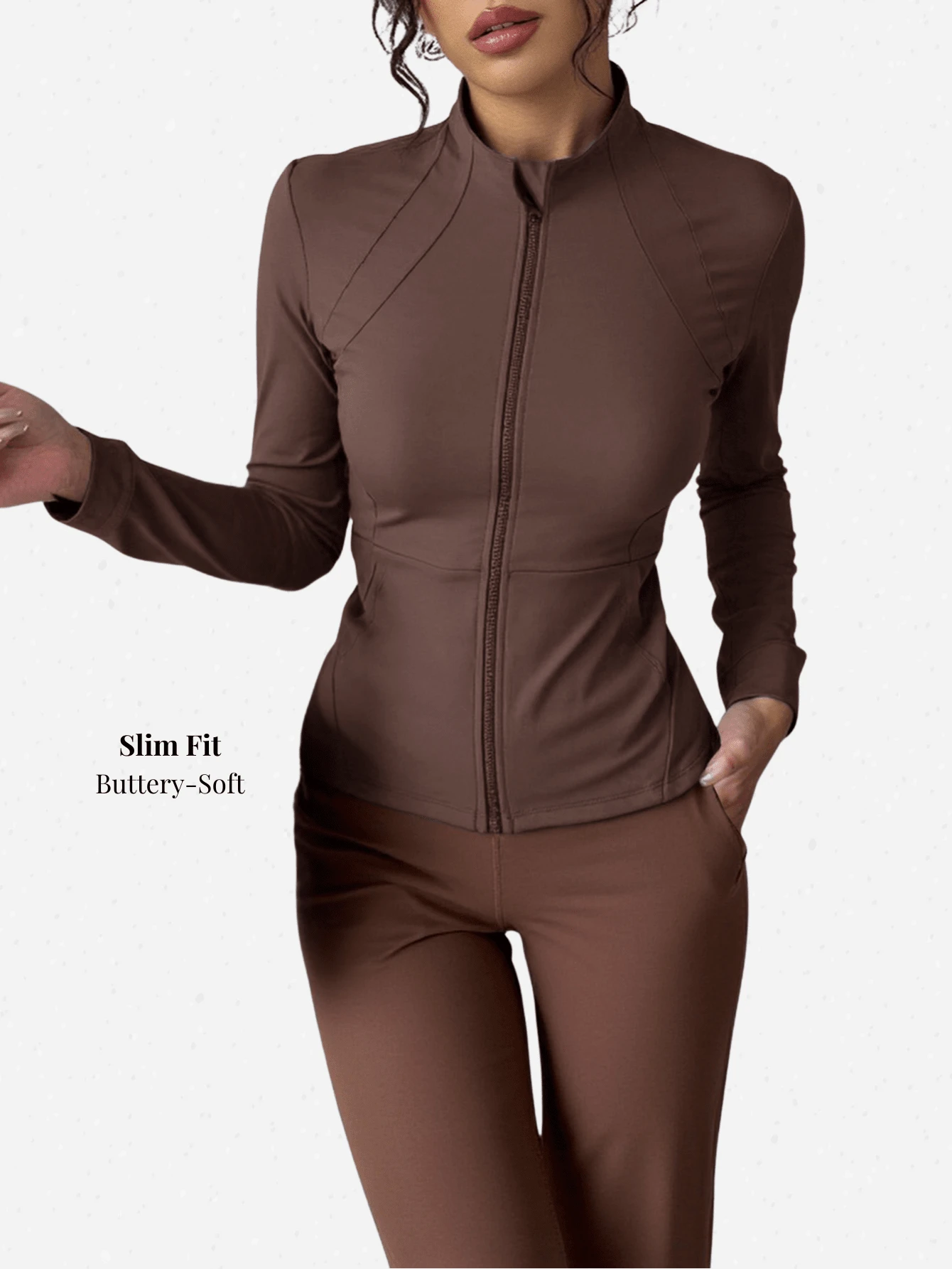Chaqueta de manga larga ajustada con cuello alto elástico de unicolor para mujer, casual y deportiva - Café - Ver 1