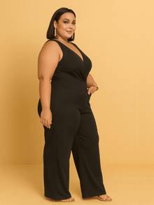 Women's Jumpsuit Tank Top Plus Size Ribbed And Spandex V-Neck Plain Wide Leg Pants Casual Fashion Chic Modern - Black - View 3