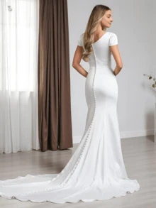 1pc Elegant Simple Satin Wedding Dress With Cap Sleeves, Button Back Fitted Sheath Bridal Gown With Sweep Train, Rustic Wedding Dress, All Seasons, Elegant And Comfortable, The Perfect Holiday Gift, Suitable For Wedding,Party, Singles' Party,Vacation,Bride,Formal Occasions,Dinner Dress,Prom Dress,Homecoming Dress,Cocktail Party,Birthday Party - 白色 - 查看 3