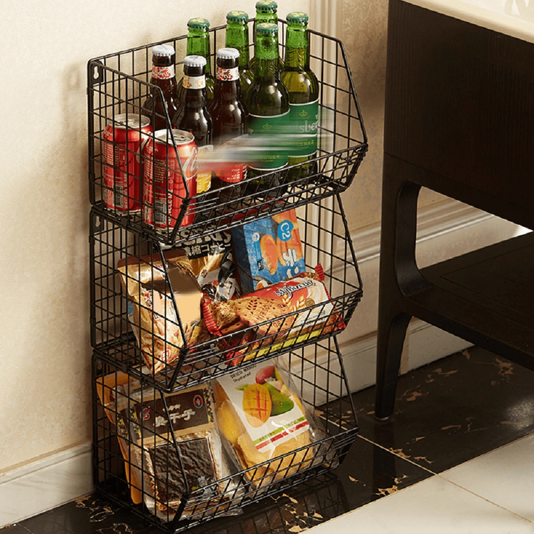 3 piezas apilables canastas de almacenamiento de alambre colgando organizadores de armario para ropa fruta vegetal,Perfecto para almacenar frutas y verduras, ropa, toallas, guantes, bufandas, artículos de aseo, juguetes para bebés, revistas, etc. - Negro - Ver 1