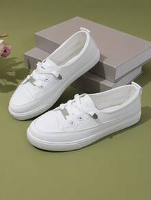 These Classic, Versatile Women's Round-Toe Slip-On Shoes Are Casual, Lace-Up, And Have A Soft, Flat Sole For Outdoor Sports. Their Clean Upper And Sleek Lines Create A Clean, Elegant Look. Perfect For Spring, Summer, Autumn, And Winter, For Everyday Outings, School, Vacations, And Street Style. - 白色 - 查看 4