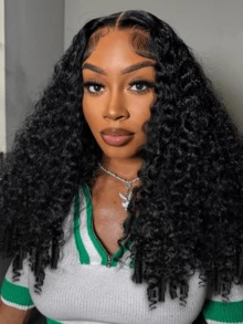 Jet Black Burmese Curly Wigs Human Hair 13x4 Lace Front Wigs 250 Density Brazilian Full Lace Human Hair Wigs Preplucked With Baby Hair (26 Inch) - Natural Black - 查看 9