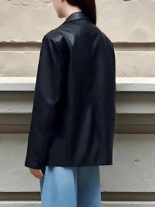 conciso Lässige, oversized Blazer für Damen mit Kerbe-Revers, breiten Schultern, einem Knopf, Pattentaschen und dickem PU-Leder für Herbst, Büro/Arbeit