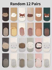 12 双随机颜色卡通动物图案防滑软底室内婴儿袜子，适合幼儿男孩和女孩，休闲日常穿着