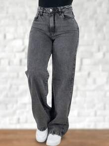 Women's Wide Leg Jeans, High Waist, Marbled Butt Lifting, Wide Leg Pants - 灰色 - 查看 9